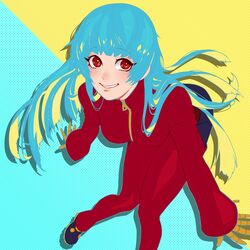  bad_id bad_twitter_id blue_hair bodysuit female flat_color gloves hime_cut jumpsuit juu_satoshi kula_diamond long_hair looking_up red_eyes shoes sneakers solo the_king_of_fighters two-tone_background 