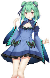  :o animal_print bare_shoulders blue_dress blue_hair blue_ribbon blue_sleeves blush butterfly_print cleavage_cutout clothing_cutout commentary_request double_bun dress earrings female flat_chest fuji_noyume gradient_hair green_hair hair_bun hair_ornament hair_ribbon highres hololive jewelry knees long_sleeves looking_at_viewer medium_hair multicolored_hair open_mouth red_eyes ribbon short_dress skull skull_collar skull_earrings skull_hair_ornament solo thighs uruha_rushia uruha_rushia_(1st_costume) virtual_youtuber white_background 