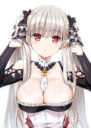  arms_up azur_lane bare_shoulders between_breasts black_bow blunt_bangs bow breasts bright_pupils cleavage collarbone commentary_request corset detached_collar female formidable_(azur_lane) frills grey_hair hairbow hands_in_hair large_breasts long_hair long_sleeves looking_at_viewer makishima_rin partial_commentary red_eyes simple_background solo straight_hair twintails upper_body very_long_hair white_background 