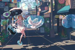  :d bird black_cat blonde_hair blue_eyes blurry blurry_foreground brown_footwear bubble bug butterfly day depth_of_field dove dress feline female floating flower frog hair_ornament hairclip highres holding holding_umbrella hydrangea open_mouth original outdoors plant potted_plant power_lines purple_flower road shade shadow shoes short_dress short_hair sign smile solo street umbrella umbrella_riding utility_pole vofan white_dress white_umbrella 