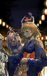  2girls absurdres animal_print bag bagged_fish blonde_hair blue_eyes blue_hair blurry bubba_(watson_amelia) depth_of_field fish fish_on_head fish_print gawr_gura gawr_gura_(new_year) goldfish hair_ornament hanging_lantern highres hololive hololive_english japanese_clothes kimono lantern multicolored_hair multiple_girls new_year night official_alternate_costume shrimp sky star_(sky) starry_sky streaked_hair virtual_youtuber vyragami watson_amelia watson_amelia_(new_year) 