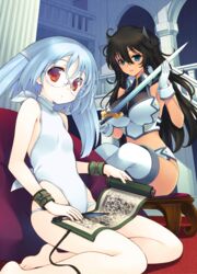  2girls aquaplus black_hair blue_eyes blue_hair bou_(inubou) breasts dungeon_travelers_2 expressionless grisherina_efleanor hair_between_eyes holding holding_scroll holding_sword holding_weapon indoors kunai large_breasts leotard light_blue_hair long_bangs long_hair multiple_girls non-web_source official_art on_stool open_mouth photoshop_(medium) rimless_eyewear round_eyewear scroll sitting sword thighhighs tsurara_(dungeon_travelers_2) weapon white_leotard wristband 