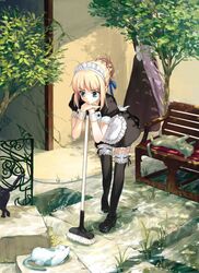  2girls ahoge aqua_eyes artoria_pendragon_(fate) blonde_hair broom fate/stay_night fate_(series) feline itachi_(3dt) long_hair maid medusa_(fate) medusa_(rider)_(fate) multiple_girls official_alternate_costume pink_hair saber_(fate) thighhighs water wrist_cuffs 