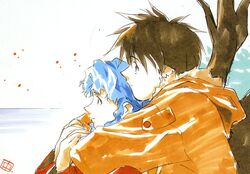  1990s_(style) 1boy bare_tree blue_hair brown_hair closed_mouth couple day el_hazard female from_side hand_on_another&#039;s_arm hood hood_down hooded_jacket horizon hug hug_from_behind ifurita jacket long_sleeves mizuhara_makoto nail_polish nakazawa_kazuto official_art outdoors pink_nails profile retro_artstyle straight tree 