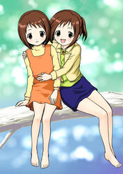  2girls barefoot brown_eyes brown_hair figure_17 hug long_sleeves multiple_girls open_mouth parted_lips shiina_hikaru shiina_tsubasa short_hair siblings sitting smile takano_hayato twins 