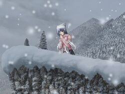  asuka_pyon blue_hair closed_eyes detached_sleeves female game_cg hat kitazato_shigure long_sleeves praying short_hair snow snow_(game) snowing solo sweater 