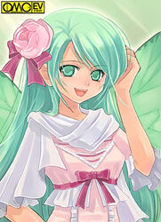  aqua_eyes aqua_hair asura_fantasy_online fairy female flower hair_flower hair_ornament kuga_tsukasa lowres omc photoshop_(medium) rose solo wings 