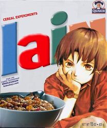  abe_yoshitoshi box_art brown_eyes brown_hair cereal cereal_box english_text female hair_ornament hairclip hand_on_own_cheek hand_on_own_face iwakura_lain life_(cereal) logo lowres meme pun quaker_oats serial_experiments_lain short_hair solo third-party_edit watch wristwatch x_hair_ornament 