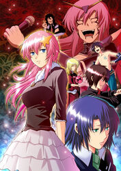  2girls 5boys athrun_zala black_hair blonde_hair blue_hair brown_hair character_request closed_eyes detroit_metal_city dress expressionless gundam gundam_seed gundam_seed_destiny hair_ornament hairclip kira_yamato lacus_clyne long_hair long_sleeves looking_away meer_campbell microphone multiple_boys multiple_girls omega_2-d parody pink_hair rey_za_burrel shinn_asuka short_hair star_(symbol) star_hair_ornament topless uniform 