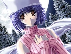  2000s_(style) asuka_pyon blue_hair blush brown_eyes detached_sleeves female game_cg hat kitazato_shigure long_sleeves moon night short_hair snow snow_(game) solo striped sweater 