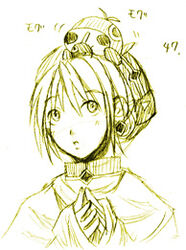  .hack// .hack//tasogare_no_udewa_densetsu creature female grunty hat hotaru_(.hack//) long_sleeves looking_up lowres monochrome own_hands_together short_hair solo upper_body white_background yellow_theme yuura_shiu 