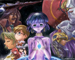  3girls 6+boys black_hair blonde_hair blue_eyes blush bow bowtie bracelet breasts brown_hair closed_eyes copyright_name dark_skin earrings electra_(nadia) emperor_neo everyone facial_hair fedora fushigi_no_umi_no_nadia gargoyle_(nadia) glasses glowing grandis_granva hair_ornament hairclip hanson_(nadia) hat hiroyasu index_finger_raised jean_roque_lartigue jewelry lipstick long_hair makeup moustache multiple_boys multiple_girls nadia_la_arwall neck_ring nemo_(nadia) parted_lips planet profile purple_hair red_eyes red_hair rimless_eyewear sanson_(nadia) short_hair sky small_breasts smile space spacecraft star_(sky) starry_sky suspenders upper_body 