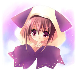  akamaru bad_id brown_hair costume female looking_at_viewer pita_ten red_eyes shia_(pita_ten) short_hair simple_background smile solo 