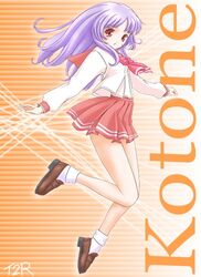  artist_name bow brown_footwear character_name female full_body himekawa_kotone loafers long_hair long_sleeves looking_at_viewer orange_background pink_bow pleated_skirt purple_hair red_eyes red_skirt school_uniform serafuku shoes skirt socks solo t2r to_heart to_heart_(series) 