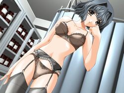  black_hair bra dutch_angle female game_cg garter_belt hair_intakes kimizuka_aoi lingerie original panties short_hair solo techgian thighhighs underwear underwear_only 