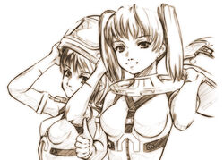  2girls bodysuit breasts brown_theme closed_mouth helmet honjou_mikaze kikuhara_karin looking_at_viewer medium_breasts monochrome multiple_girls sketch small_breasts smile stratos_4 takahashi_ren twintails unworn_headwear unworn_helmet upper_body 