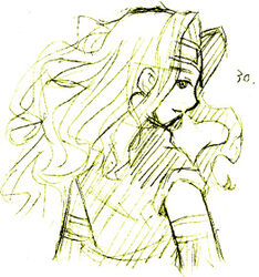  .hack// .hack//sign bt_(.hack//) female headband long_hair lowres monochrome profile smile solo upper_body yellow_theme yuura_shiu 