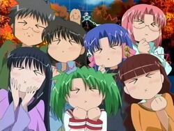  &gt;_&lt; 2boys 5girls :x anime_screenshot aoba_kozue chanohata_tamami closed_eyes everyone green_hair haibara_yukio kurosaki_asami kurosaki_sayoko long_sleeves mahoraba momono_megumi multiple_boys multiple_girls ryuusei_johnny shiratori_ryuushi 