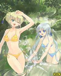  2girls arturia_shuttleheim asura_fantasy_online bikini blonde_hair blue_bikini green_background kuga_tsukasa long_hair lowres multiple_girls omc photoshop_(medium) short_hair side-tie_bikini_bottom splashing swimsuit water yellow_bikini 