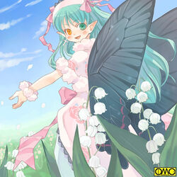  aqua_hair asura_fantasy_online butterfly_wings cloud day fairy female flower green_eyes hairband heterochromia insect_wings kuga_tsukasa lily_of_the_valley lowres omc orange_eyes photoshop_(medium) pointy_ears sky solo white_flower wings 