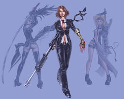  3girls ass breasts cleavage commentary cosplay english_commentary final_fantasy final_fantasy_vii final_fantasy_x final_fantasy_x-2 formal gun in-franchise_crossover long_sleeves md5_mismatch medium_breasts minh_do multiple_girls necktie paine_(ff10) pant_suit pants photoshop_(medium) rikku_(ff10) suit sword turks_(ff7) weapon yuna_(ff10) 