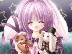  animal_ears closed_eyes farfa female game_cg hat light_purple_hair magical_tale purple_hair rabbit rabbit_ears ribbon short_hair solo star_(symbol) stuffed_animal stuffed_toy teddy_bear tinker_bell_(pixiv_10956015) top_hat 