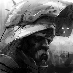  1boy armor arthurian_legend blood close-up craig_mullins facial_hair greyscale helmet king_arthur_(mythology) knight male_focus manly monochrome moustache old old_man original solo 