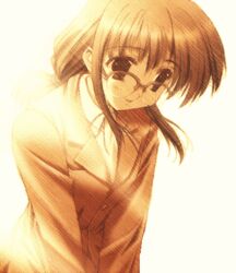  artist_request bad_id comic_party female glasses long_hair long_sleeves lowres makimura_minami monochrome ponytail ribbon simple_background solo white_background yellow_theme 