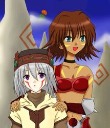  .hack// .hack//sign 1boy :d :o artist_request blue_sky brown_hair cloud dark-skinned_female dark_skin day facial_mark female green_eyes grey_hair hat lowres mimiru_(.hack//) navel open_mouth purple_eyes rock short_hair sky smile tattoo tsukasa_(.hack//) upper_body 