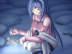  2000s_(style) asuka_pyon blue_hair blush closed_eyes detached_sleeves female fireworks game_cg kitazato_shigure long_hair long_sleeves senkou_hanabi smile snow snow_(game) solo sparkler squatting striped sweater 