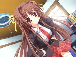  bra-ban! brown_hair female game_cg hair_ribbon hands_on_own_hips kobuichi leaning long_hair long_sleeves looking_at_viewer nakanoshima_tae red_eyes ribbon school_uniform solo tareme thighhighs zettai_ryouiki 