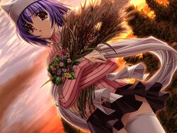  2000s_(style) asuka_pyon blue_hair brown_eyes detached_sleeves female flower game_cg hat kitazato_shigure long_sleeves short_hair skirt snow_(game) solo striped sunset sweater thighhighs white_thighhighs zettai_ryouiki 