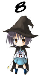  black_socks blue_sailor_collar blue_skirt cape chibi chibi_only female hat kita_high_school_uniform long_sleeves nagato_yuki sailor_collar school_uniform serafuku shima-shuu short_hair skirt socks solo suzumiya_haruhi_no_yuuutsu webcounter winter_uniform witch_hat 