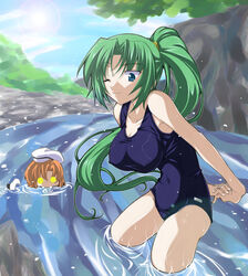  2girls bad_anatomy breasts covered_nipples day decarabi glowing glowing_eyes green_hair higurashi_no_naku_koro_ni large_breasts long_hair multiple_girls one-piece_swimsuit one_eye_closed outdoors ponytail river ryuuguu_rena school_swimsuit sonozaki_mion stalking swimsuit take_it_home very_long_hair water you_gonna_get_raped 