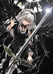  arm_at_side black_dress black_ribbon black_wings collarbone cross-laced_clothes cross_print detached_collar detached_sleeves doll_joints dress female floating floating_object flower frills grey_hair hairband joints kurokoeda lace_trim long_hair long_sleeves looking_at_viewer outstretched_hand parted_lips red_eyes ribbon rose rozen_maiden solo suigintou sword torn_clothes weapon winged_sword wings 