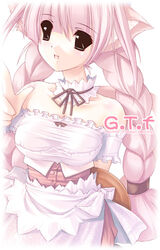  :d bare_shoulders braid collarbone copyright_request detached_collar dress female guilty_troop_factory jian long_hair lowres off-shoulder_dress off_shoulder open_mouth palms pink_hair simple_background smile solo tray twin_braids twintails upper_body very_long_hair white_background 