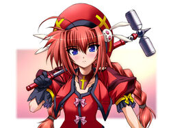  ahoge beret blue_eyes blush braid closed_mouth cropped_jacket detached_collar expressionless female gloves graf_eisen hair_ornament hairclip hat long_hair looking_at_viewer lyrical_nanoha mahou_shoujo_lyrical_nanoha mahou_shoujo_lyrical_nanoha_a&#039;s photoshop_(medium) polearm puffy_sleeves red_hair short_sleeves solo twin_braids very_long_hair vita_(nanoha) weapon yatsushima_tetsuya 