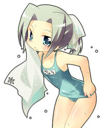  :o adjusting_clothes adjusting_swimsuit alternate_color_school_swimsuit blue_eyes bow copyright_request female green_one-piece_swimsuit grey_hair hairbow looking_at_viewer mole mole_under_mouth name_tag one-piece_swimsuit school_swimsuit simple_background solo suzuki_kokono swimsuit towel white_background white_bow 