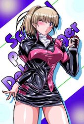  animification artist_request blue_eyes blush brown_hair female kodou_koume one_eye_closed ponytail s.p.d._uniform solo super_sentai tokusou_sentai_dekaranger 