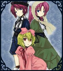  3girls artist_request back-to-back blonde_hair blue_eyes bow collar cosplay dress frilled_collar frills gundam gundam_seed gundam_seed_destiny hairbow hat hinaichigo hinaichigo_(cosplay) kodona lolita_fashion long_hair long_sleeves lowres lunamaria_hawke meyrin_hawke multiple_girls parody pink_bow pink_hair porkpie_hat red_eyes ribbon rozen_maiden short_hair siblings sisters souseiseki souseiseki_(cosplay) stellar_loussier suiseiseki suiseiseki_(cosplay) 