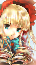  bad_id blonde_hair blue_background blue_eyes bow drill_hair female green_bow long_hair looking_at_viewer rozen_maiden shinku simple_background solo twin_drills yasuhito_(yasu_no_e) 