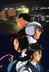  2boys 2girls blue_eyes blue_necktie blue_vest bow braid brown_hair car driving hair_ribbon hairbow helmet highres honda honda_today kobayakawa_miyuki lancia_(brand) lancia_delta_integrale long_hair motor_vehicle motorcycle motorcycle_helmet multiple_boys multiple_girls nakajima_ken necktie non-web_source pink_bow police police_uniform policeman policewoman ribbon shirt single_braid sunglasses taiho_shichauzo tsujimoto_natsumi uniform vest white_shirt 