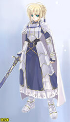  armor arturia_shuttleheim asura_fantasy_online blonde_hair blue_eyes female full_body kuga_tsukasa omc photoshop_(medium) solo sword weapon 