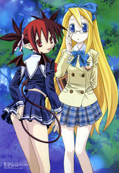  2girls absurdres blonde_hair blue_eyes bow demon_wings disgaea etna_(disgaea) flonne glasses highres kano_akira long_hair long_sleeves makai_senki_disgaea megami_magazine miniskirt multiple_girls official_art pointy_ears red_eyes red_hair school_uniform serafuku skirt spiked_hair tail wings 