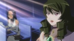  2girls anime_screenshot bare_shoulders bench black_hair brooch brown_gloves choker dark-skinned_female dark_skin detached_sleeves dominura_(simoun) drill_hair expressionless gloves green_eyes green_hair hair_between_eyes jewelry light_rays lips long_hair multiple_girls red_eyes simoun sitting sunlight upper_body waporif_(simoun) 