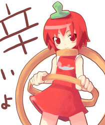  artist_request blush_stickers boukun_habanero chili_pepper female habanero-tan habanero_pepper holding hoop hula_hoop looking_at_viewer original red_eyes red_hair red_skirt short_hair simple_background skirt sleeveless smile solo white_background 