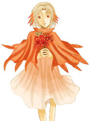  .hack// .hack//ai_buster bad_hands dress female flower hair_ribbon looking_at_viewer lowres lycoris_(.hack//) open_mouth own_hands_clasped own_hands_together red_eyes ribbon robe short_hair solo teeth upper_teeth_only white_hair yuura_shiu 