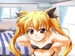  :3 black_bra black_panties blonde_hair bra female game_cg hands_on_own_hips leaning_forward lingerie long_hair navel onegai_ohoshisama panties red_eyes silvia_silvern solo takeya_masami twintails underwear 