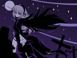  black_theme cross female flower frilled_sleeves frills full_moon hairband katsuragi_niya lolita_hairband long_hair long_sleeves monochrome moon night purple_theme rose rozen_maiden smile solo star_(sky) suigintou very_long_hair wings 