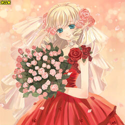  aqua_eyes asura_fantasy_online bird blonde_hair blue_eyes bouquet bride curly_hair dark_bride dress drill_hair elf female flower kuga_tsukasa omc photoshop_(medium) pink_flower pink_rose pointy_ears red_dress red_flower red_rose rose smile solo wedding_dress 